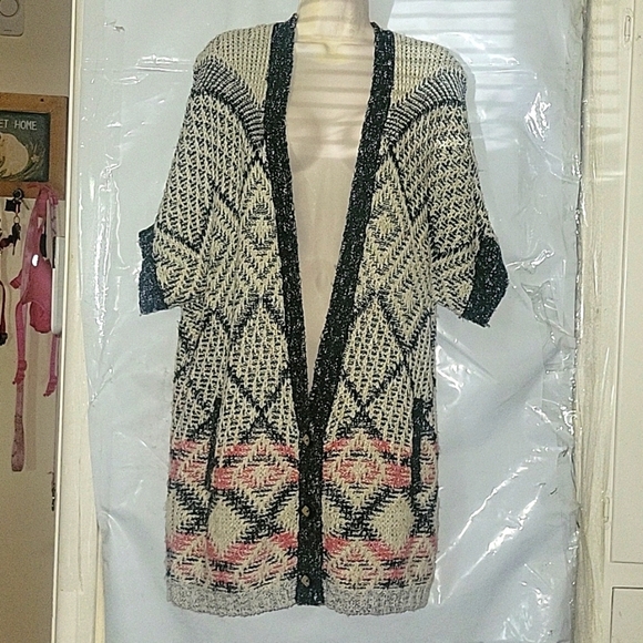 CAROL ANDERSON Duster Cardigan Open Front Knit Aztec Bohemian Sweater Coat Cream - Picture 1 of 6